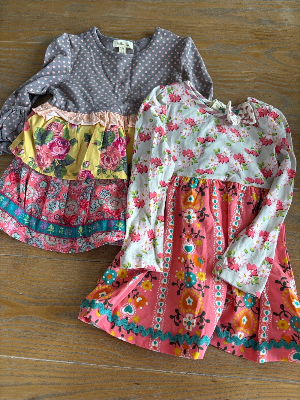 Matilda Jane Girls Floral Patchwork Dresses in Pink, Gray, Yellow and Coral